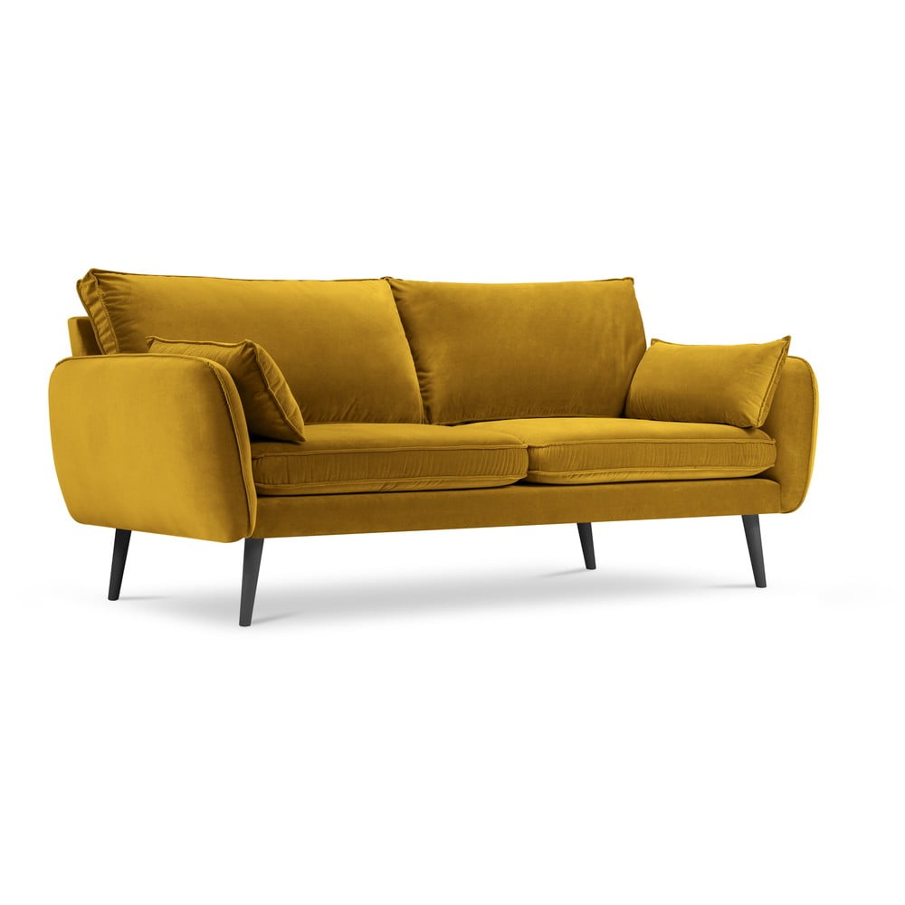 Żółta aksamitna sofa z czarnymi nogami Kooko Home Lento, 198 cm