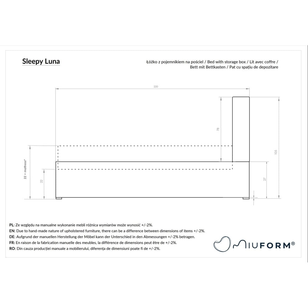 Szare tapicerowane łóżko jednoosobowe ze schowkiem i stelażem 90x200 cm Sleepy Luna – Miuform