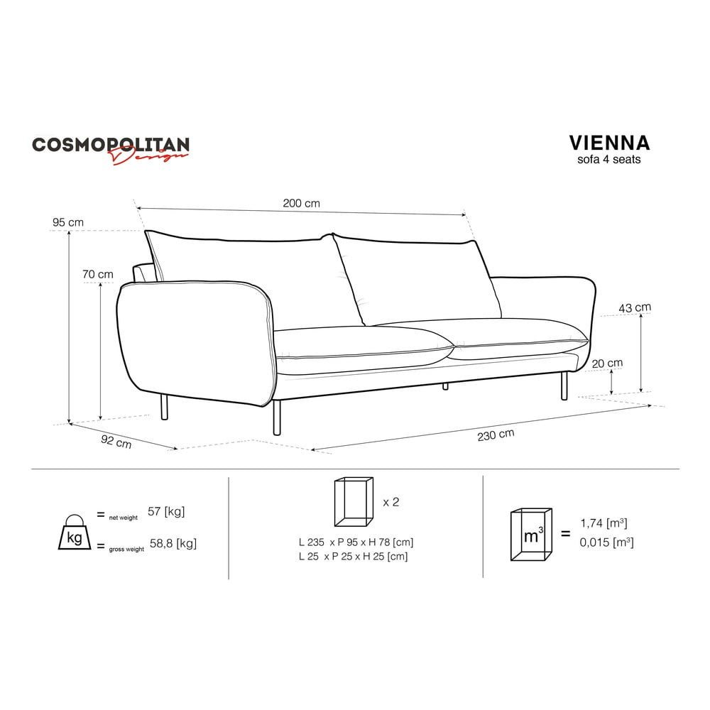 Ciemnozielona aksamitna sofa 230 cm Vienna – Cosmopolitan Design