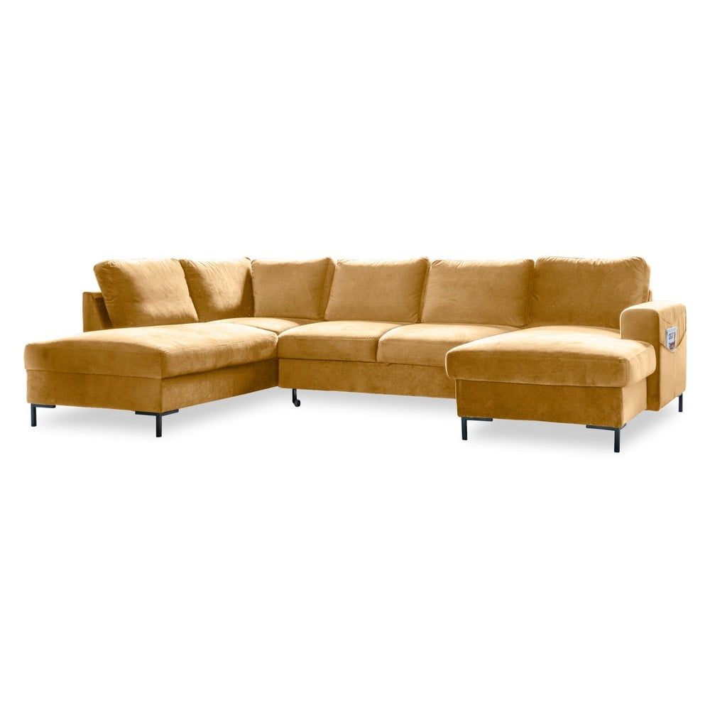Musztardowożółta aksamitna rozkładana sofa w kształcie litery "U" Miuform Lofty Lilly, lewostronna