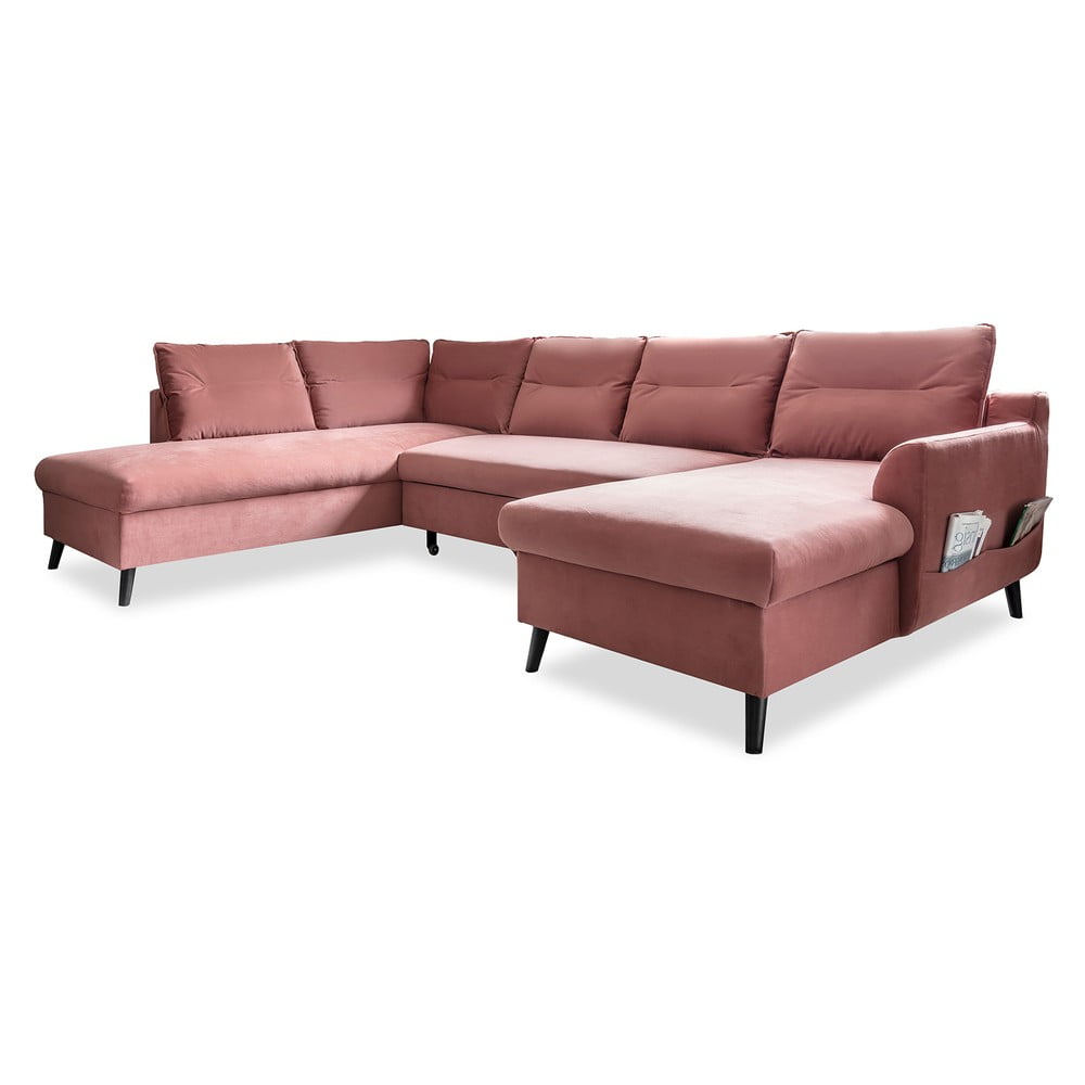 Różowa aksamitna rozkładana sofa w kształcie litery "U" Miuform Stylish Stan, lewostronna