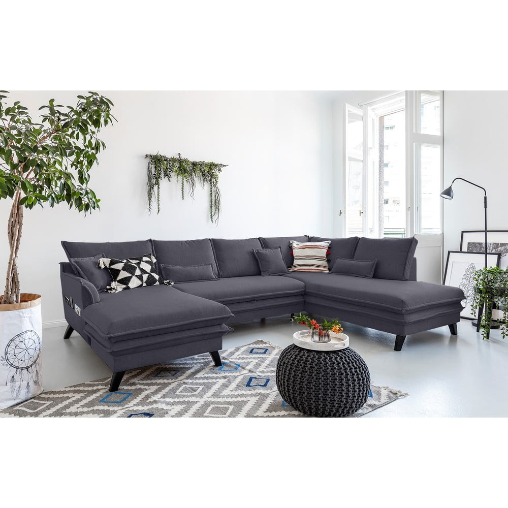 Antracytowa rozkładana sofa w kształcie litery "U" Miuform Charming Charlie, prawostronna