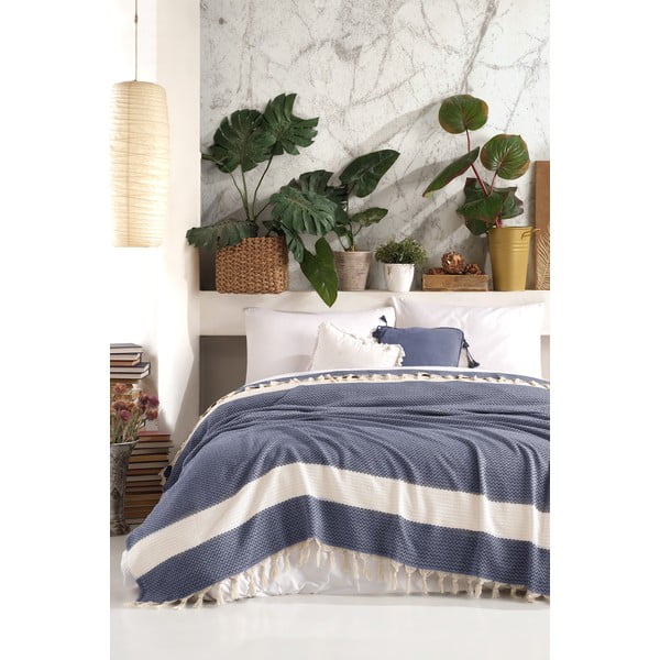 Ciemnoniebieska bawełniana narzuta na łóżko Viaden Şeritli, 200x230 cm