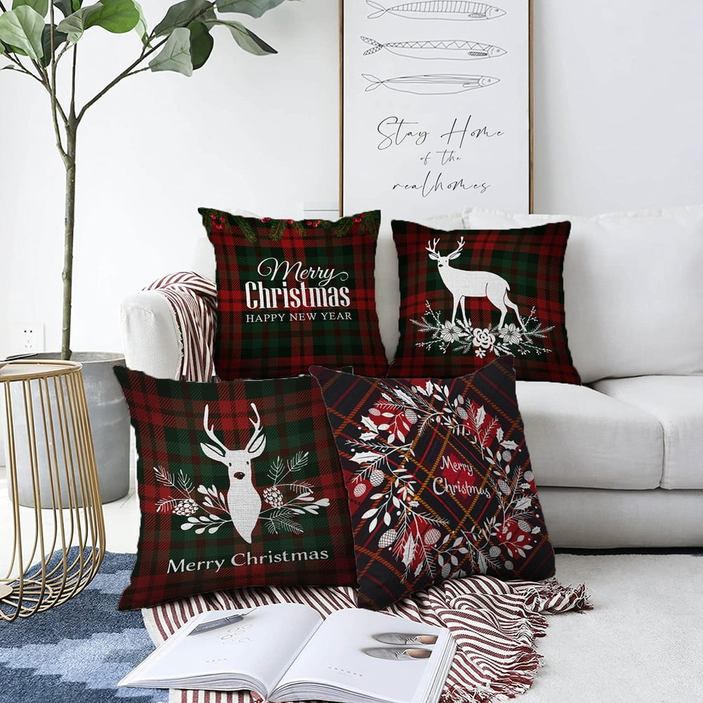Zestaw 4 świątecznych szenilowych poszewek na poduszki Minimalist Cushion Covers Tartan Merry Christmas, 55x55 cm