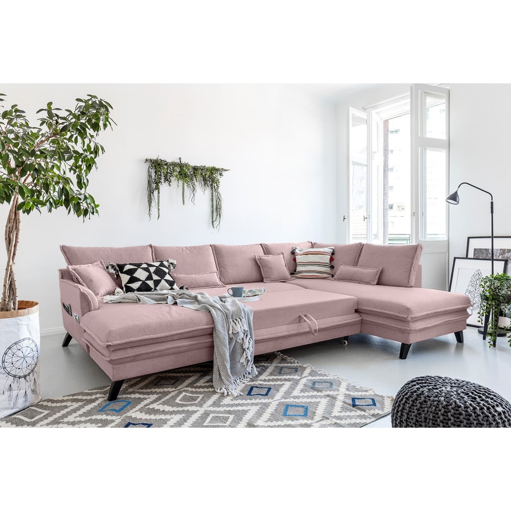 Pudroworóżowa rozkładana sofa w kształcie litery "U" Miuform Charming Charlie, prawostronna