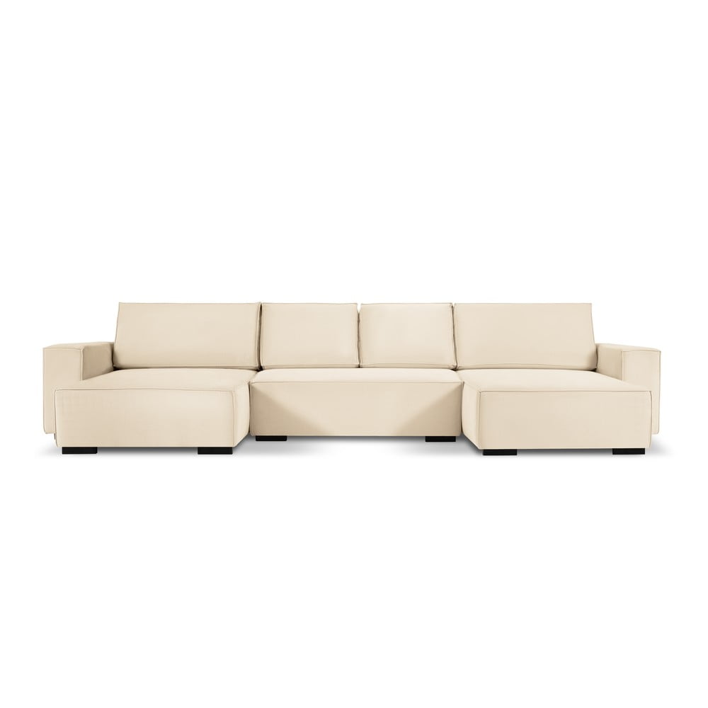 Beżowa sztruksowa rozkładana sofa w kształcie 