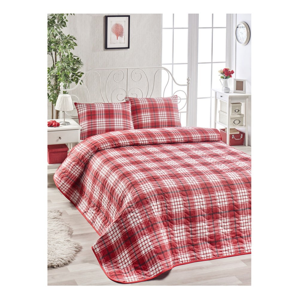 Zestaw bawełnianej czerwonej narzuty na łóżko i poszewki Muro Gerro, 160x220 cm
