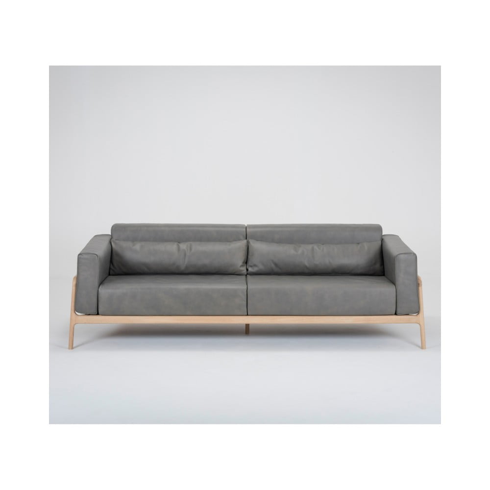 Ciemnoszara sofa z bawolej skóry z konstrukcją z litego drewna dębowego Gazzda Fawn, 240 cm