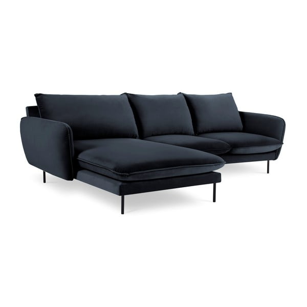 Ciemnoniebieska narożna aksamitna sofa lewostronna Cosmopolitan Design Vienna