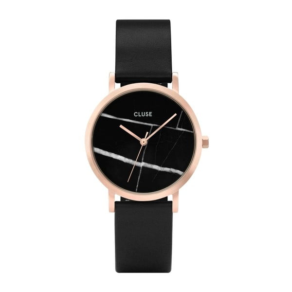 Damski czarny zegarek ze skórzanym paskiem i marmurowym cyferblatem Cluse La Roche Petite Rose
