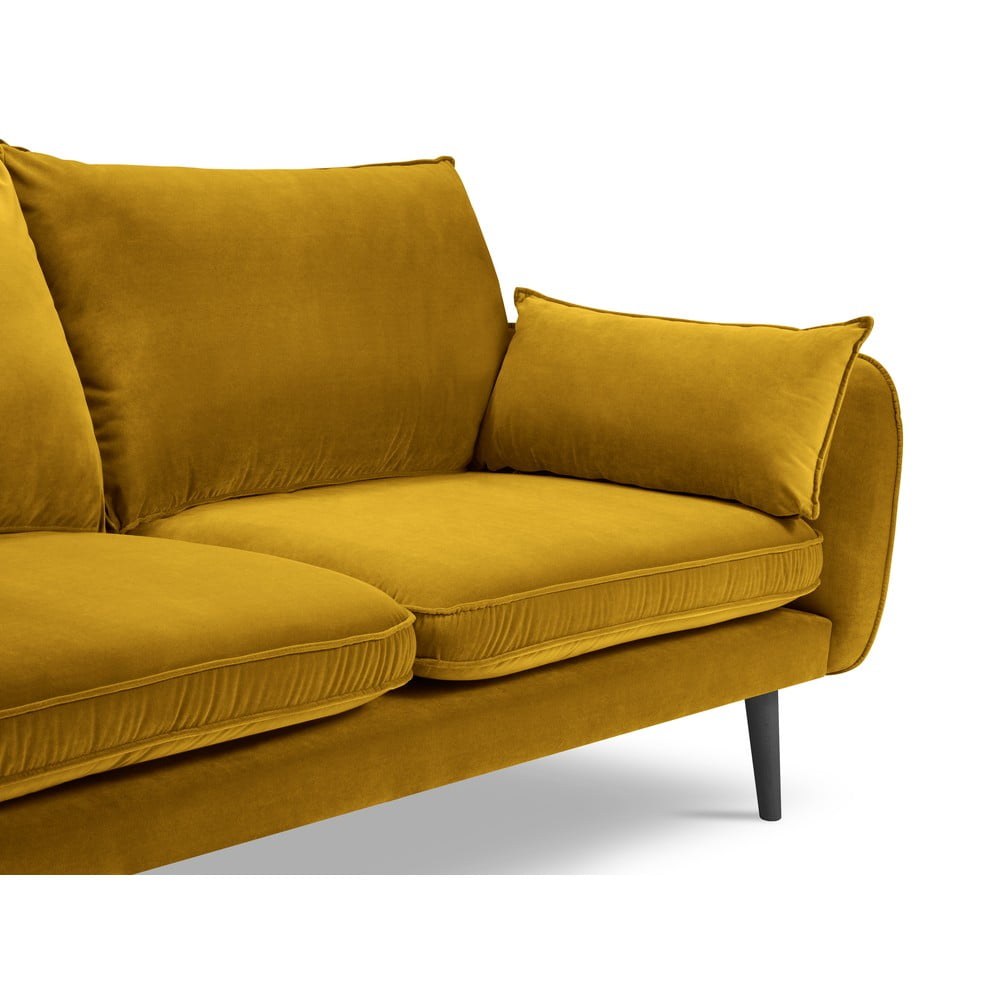 Żółta aksamitna sofa z czarnymi nogami Kooko Home Lento, 198 cm