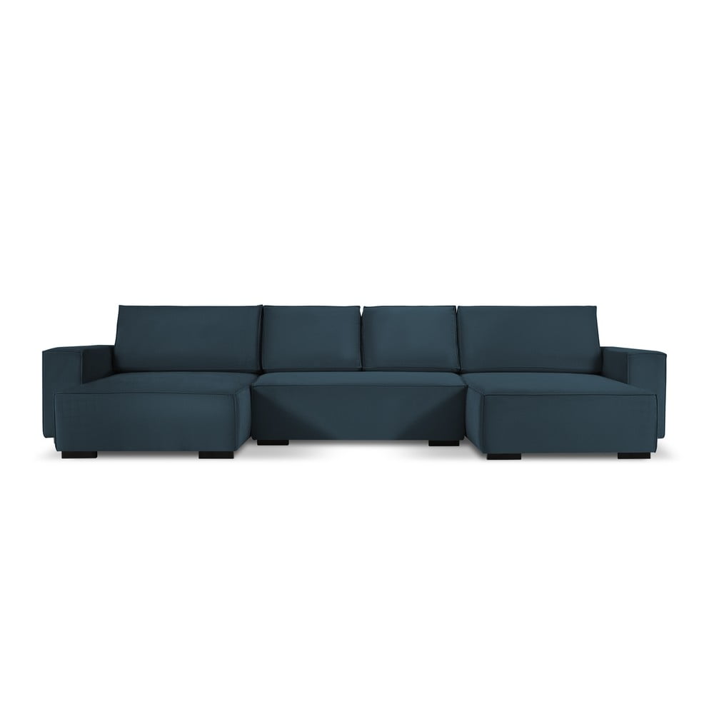 Ciemnoniebieska sztruksowa rozkładana sofa w kształcie 