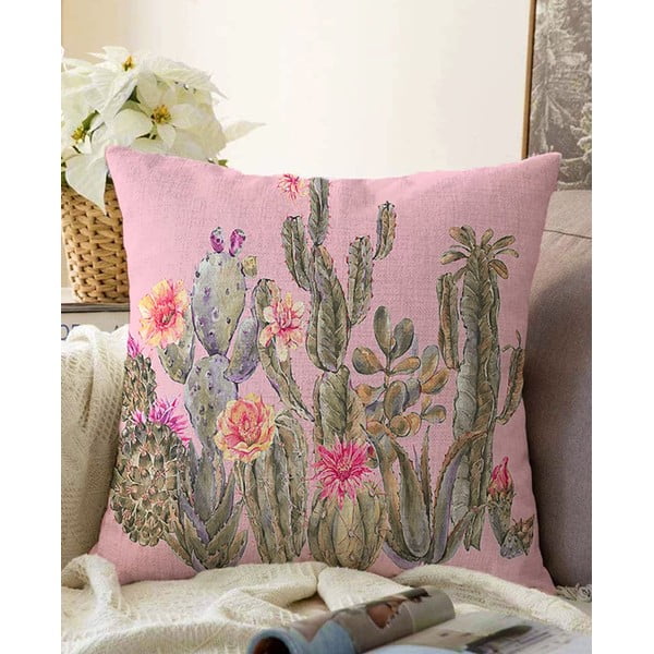 Różowa poszewka na poduszkę z domieszką bawełny Minimalist Cushion Covers Blooming Cactus, 55x55 cm