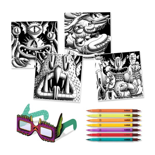 Zestaw artystyczny z 7 flamastrami do kaligrafowania i okularami 3D Djeco Potwory