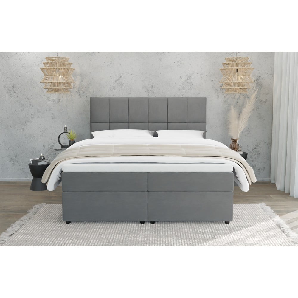 Szare łóżko boxspring ze schowkiem 140x200 cm Flip – Ropez